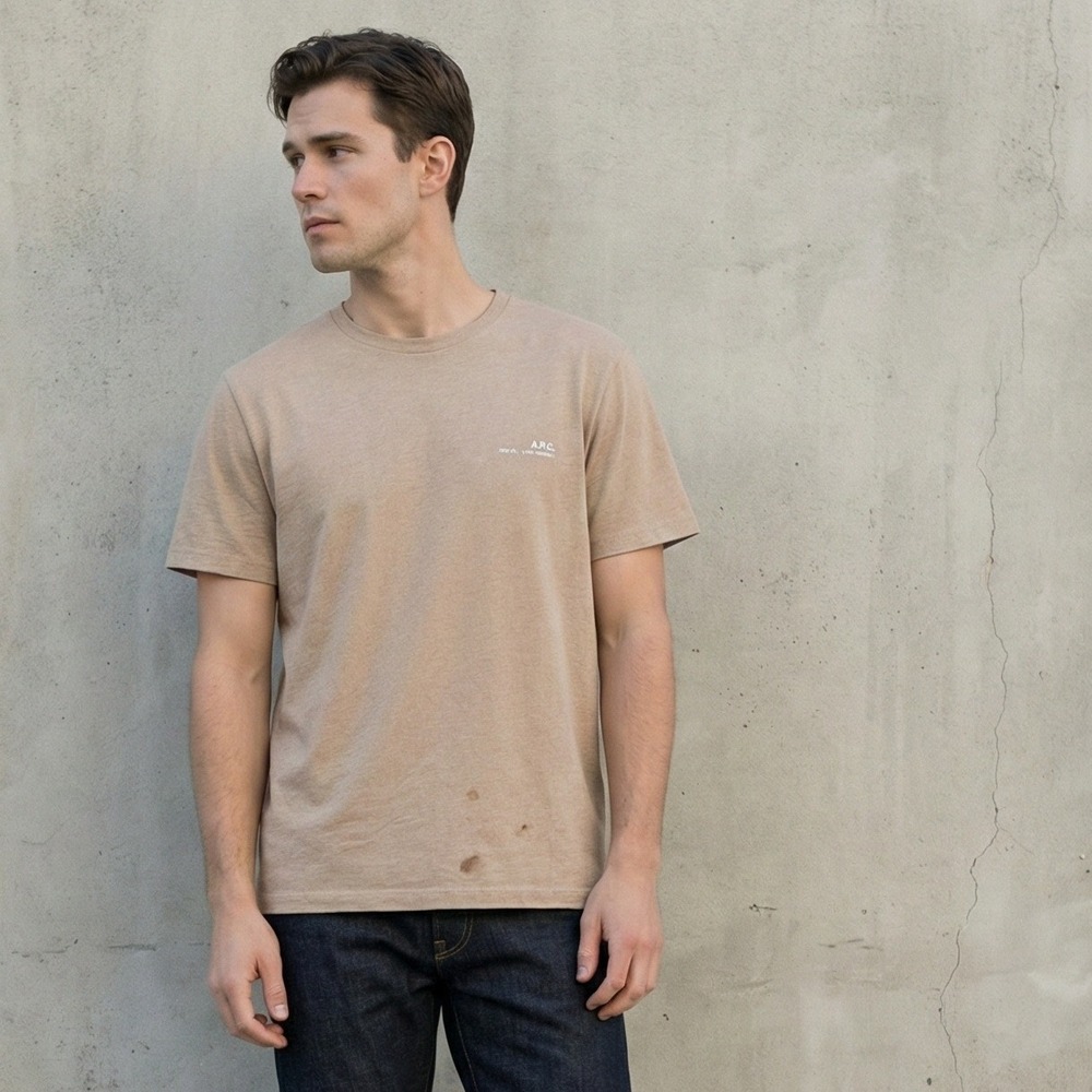APC Logo T-shirt‎ Mens XL Tan Heather Cotton Crewneck Boxy Top Tee Designer